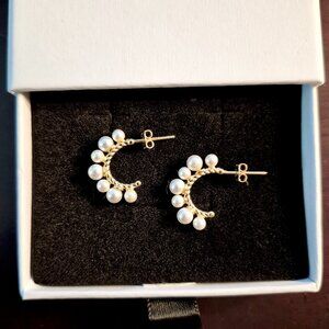 Sterling Silver with Real Gold Pearl Studded Hoop Earrings Stamped 925